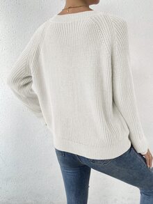 EMERY ROSE Solid Raglan Sleeve Ribbed Knit Sweater,Long Sleeve Tops Knit Pullover Fall Winter Sweater - White - View 2