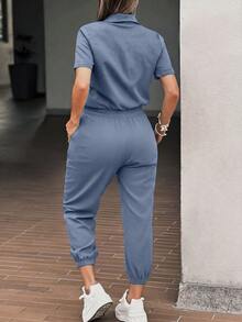 EMERY ROSE Women's Elegant Button Decor Pocket Loose Top And Slim Fit Ankle-Length Jumpsuit, Spring/Summer - Dusty Blue - View 2