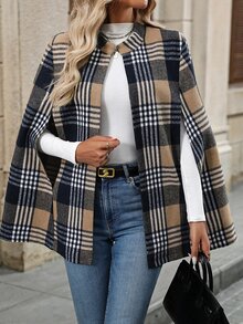 EMERY ROSE Women's Elegant Plaid Hooded Cloak Coat, Autumn/Winter - Multicolor - View 6