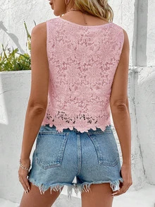 EMERY ROSE Women's Lace Sleeveless Shirt, Casual Vacation Style - Pink - View 2