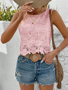 EMERY ROSE Women's Lace Sleeveless Shirt, Casual Vacation Style - Pink - View 6