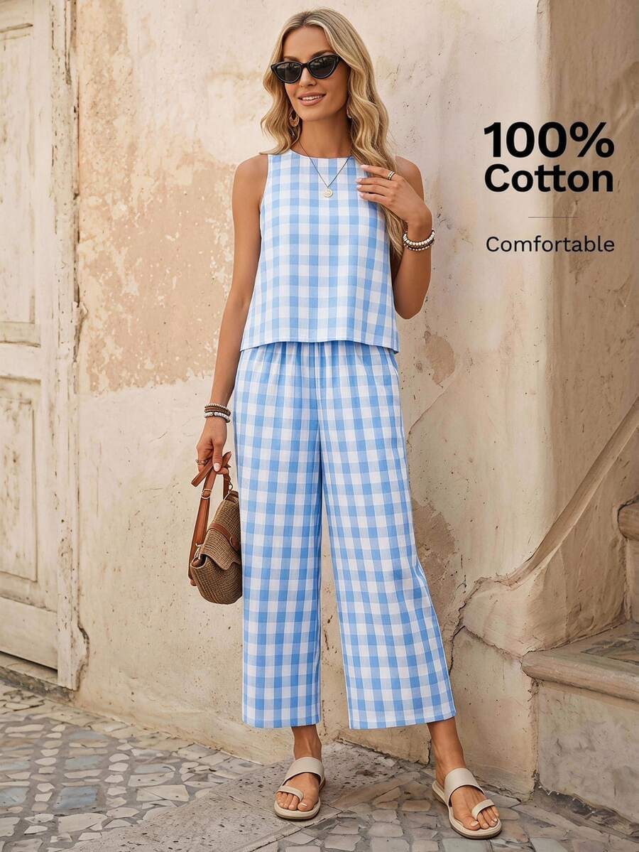 EMERY ROSE Women's Plaid Blouse And Pocket Pants Casual 2 Pieces Set,Summer Outfits For Women