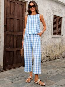 EMERY ROSE Women's Plaid Blouse And Pocket Pants Casual 2 Pieces Set,Summer Outfits For Women - Multicolor - View 4