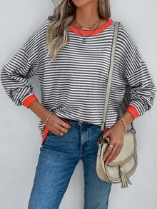 EMERY ROSE Striped Pattern Contrast Trim Drop Shoulder Sweater,Long Sleeve Tops,Knitted Sweater In Fall/Winter - Multicolor - View 6