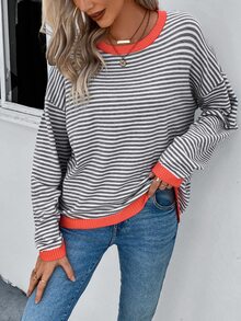 EMERY ROSE Striped Pattern Contrast Trim Drop Shoulder Sweater,Long Sleeve Tops,Knitted Sweater In Fall/Winter - Multicolor - View 4