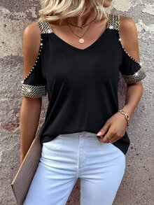 EMERY ROSE Women T-Shirts Kontras Sequin Memotong Mutiara Plain Casual - Hitam - View 6