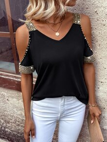 EMERY ROSE Women T-Shirts Kontras Sequin Memotong Mutiara Plain Casual - Hitam - View 4