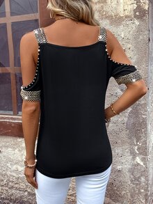 EMERY ROSE Women T-Shirts Kontras Sequin Memotong Mutiara Plain Casual - Hitam - View 2