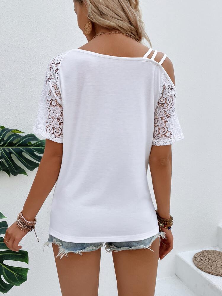 EMERY ROSE Women's Solid Color Contrast Lace Asymmetrical Shoulder Casual Fashion T-Shirt - White - View 2