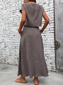 EMERY ROSE Women's Casual Vacation & Commute Solid Color Batwing Sleeve Loose Top And Skirt 2-Piece Set, Spring/Summer - Dark Grey - View 2