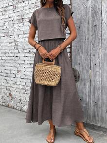 EMERY ROSE Women's Casual Vacation & Commute Solid Color Batwing Sleeve Loose Top And Skirt 2-Piece Set, Spring/Summer - Dark Grey - View 6
