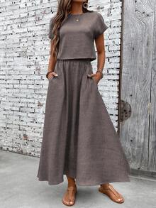 EMERY ROSE Women's Casual Vacation & Commute Solid Color Batwing Sleeve Loose Top And Skirt 2-Piece Set, Spring/Summer - Dark Grey - View 3