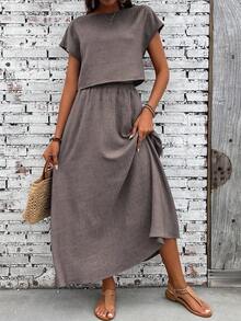 EMERY ROSE Women's Casual Vacation & Commute Solid Color Batwing Sleeve Loose Top And Skirt 2-Piece Set, Spring/Summer - Dark Grey - View 5