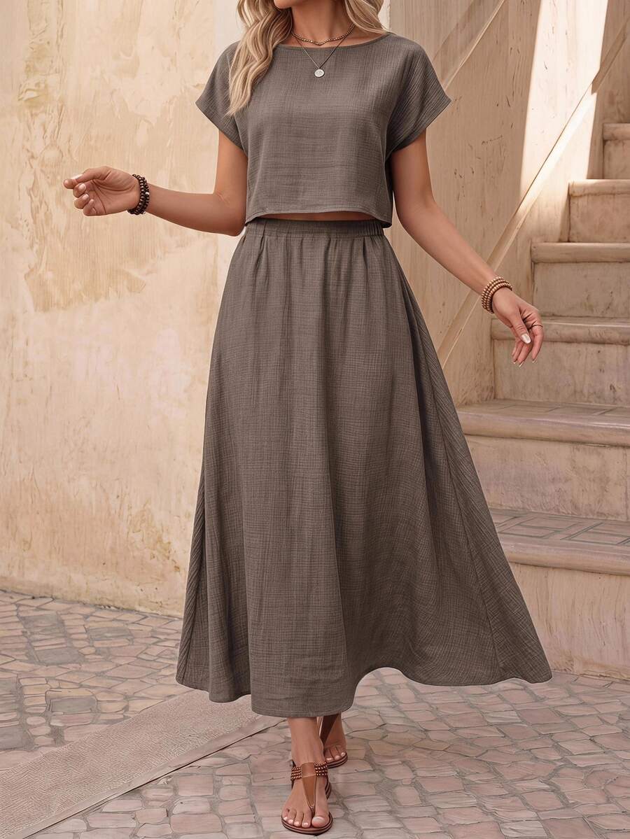 EMERY ROSE Women's Casual Vacation & Commute Solid Color Batwing Sleeve Loose Top And Skirt 2-Piece Set, Spring/Summer - Dark Grey - View 1