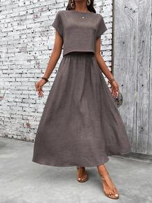 EMERY ROSE Women's Casual Vacation & Commute Solid Color Batwing Sleeve Loose Top And Skirt 2-Piece Set, Spring/Summer - Dark Grey - View 4