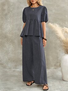 EMERY ROSE Women's Striped Round Neck Petal Sleeve Ruffle Hem Blouse And Pants Casual 2 Pieces Set - Blue - View 3