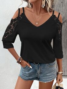 EMERY ROSE Contrast Lace Cold Shoulder Tee - Black - View 3