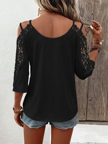 EMERY ROSE Contrast Lace Cold Shoulder Tee - Black - View 2
