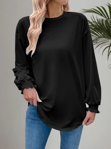 EMERY ROSE Women Loose Fit Round Neck Long Sleeve T-Shirt With Rolled-Up Cuffs Fall Cloth For Women - Black - View 6