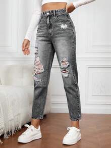 EMERY ROSE Jeans de mezclilla casuales sencillos con bolsillo delantero con botón y desgastados para mujer - Gris - Ver 2