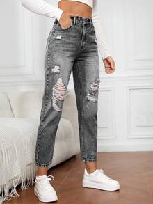 EMERY ROSE Jeans de mezclilla casuales sencillos con bolsillo delantero con botón y desgastados para mujer - Gris - Ver 4