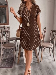 EMERY ROSE Women's Simple Boho Versatile Polka Dot Print Button Dress Vacation Picnic Brunch Brown And White Polka Dot Summer - Multicolor - View 5
