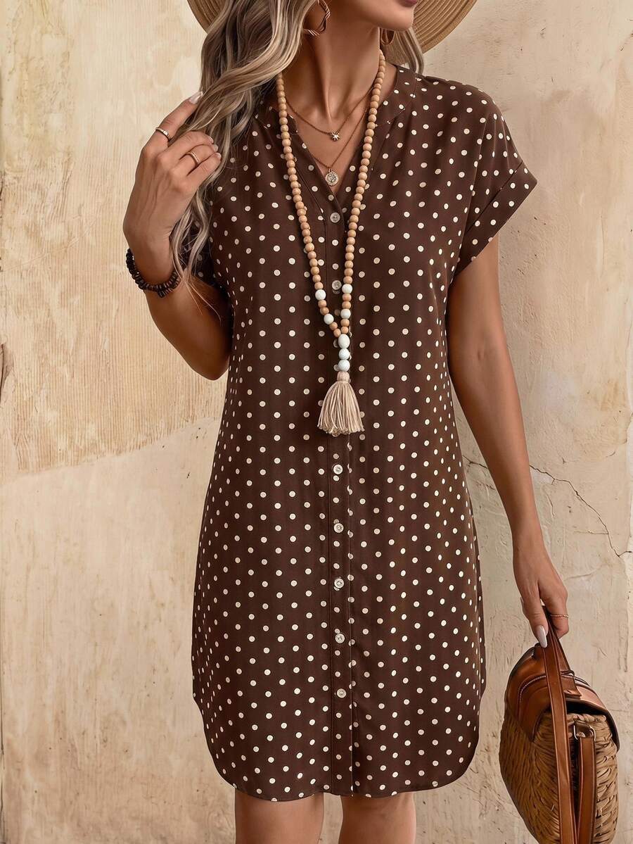 EMERY ROSE Women's Simple Boho Versatile Polka Dot Print Button Dress Vacation Picnic Brunch Brown And White Polka Dot Summer