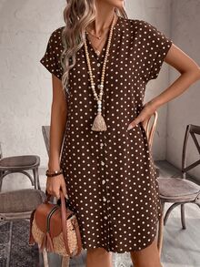 EMERY ROSE Women's Simple Boho Versatile Polka Dot Print Button Dress Vacation Picnic Brunch Brown And White Polka Dot Summer - Multicolor - View 6