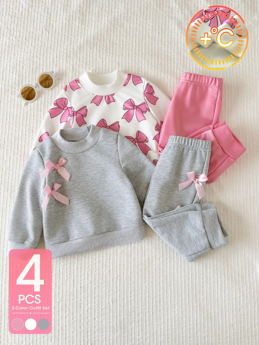 SHEIN 4件組幼女運動衫慢跑褲套裝，甜美粉色白色蝴蝶結緞帶印花蝴蝶結設計，長袖小立領加厚套頭衫，適合生日派對、冬季秋季假期穿著