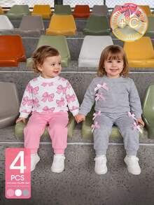 SHEIN 4件組幼女運動衫慢跑褲套裝，甜美粉色白色蝴蝶結緞帶印花蝴蝶結設計，長袖小立領加厚套頭衫，適合生日派對、冬季秋季假期穿著 - 彩色 - 查看 5