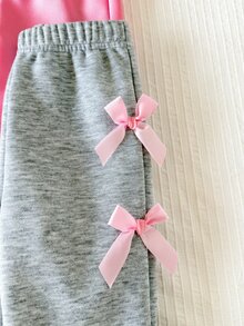 SHEIN 4件組幼女運動衫慢跑褲套裝，甜美粉色白色蝴蝶結緞帶印花蝴蝶結設計，長袖小立領加厚套頭衫，適合生日派對、冬季秋季假期穿著 - 彩色 - 查看 9