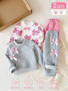 SHEIN 4件組幼女運動衫慢跑褲套裝，甜美粉色白色蝴蝶結緞帶印花蝴蝶結設計，長袖小立領加厚套頭衫，適合生日派對、冬季秋季假期穿著 - 彩色 - 查看 4