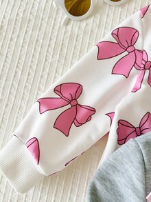 SHEIN 4件組幼女運動衫慢跑褲套裝，甜美粉色白色蝴蝶結緞帶印花蝴蝶結設計，長袖小立領加厚套頭衫，適合生日派對、冬季秋季假期穿著 - 彩色 - 查看 8