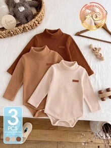 SHEIN Vintaside Kids 3 Pack Baby Boy Bodysuits Cute Preppy Brown Tan Beige Ribbed Knit Patch Long Sleeve Mock Neck Regular Birthday Party Fall Fall Clothes Autumn Solid - Multicolor - View 4