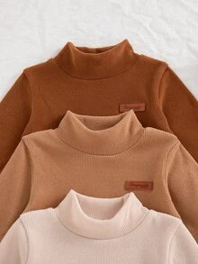 SHEIN Vintaside Kids 3 Pack Baby Boy Bodysuits Cute Preppy Brown Tan Beige Ribbed Knit Patch Long Sleeve Mock Neck Regular Birthday Party Fall Fall Clothes Autumn Solid - Multicolor - View 5