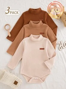 SHEIN Vintaside Kids 3 Pack Baby Boy Bodysuits Cute Preppy Brown Tan Beige Ribbed Knit Patch Long Sleeve Mock Neck Regular Birthday Party Fall Fall Clothes Autumn Solid - Multicolor - View 2