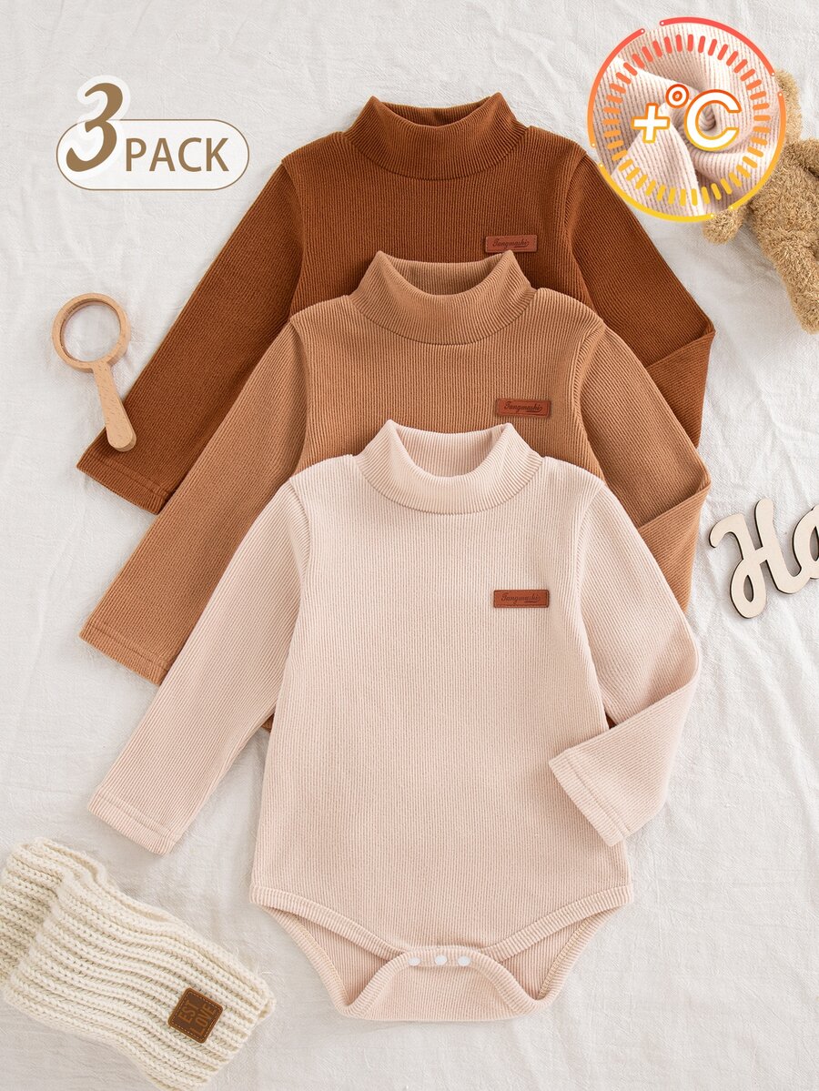 SHEIN Vintaside Kids 3 Pack Baby Boy Bodysuits Cute Preppy Brown Tan Beige Ribbed Knit Patch Long Sleeve Mock Neck Regular Birthday Party Fall Fall Clothes Autumn Solid