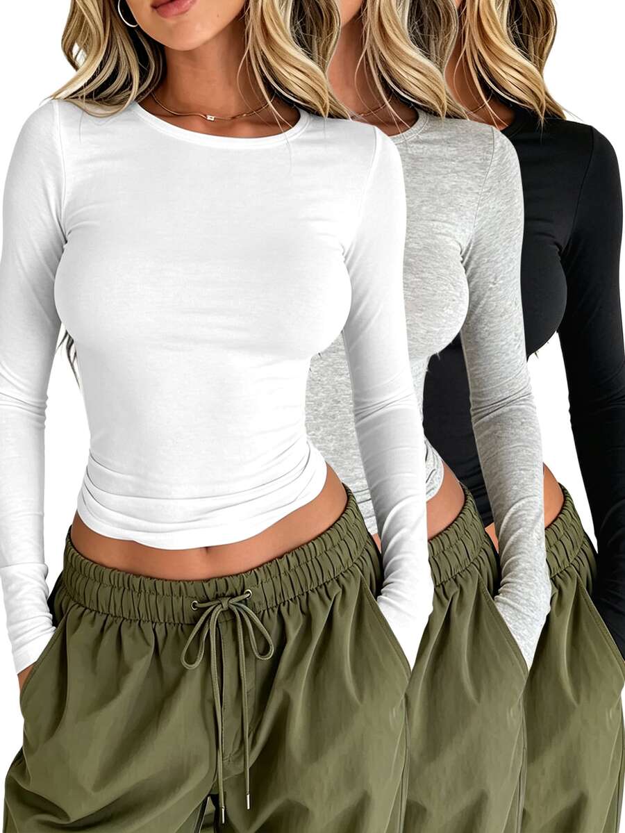 INAWLY Solva Women's Plain Round Neck Long Sleeve Ruched Fitted T-Shirt, Spring & Summer Fall Cloth For Women - Multicolor - View 1