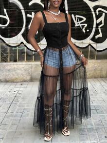 BamGleam 女款性感街頭風鈕扣網紗拼接牛仔上衣，黑色夏季外訪夜店穿搭 - 黑色 - 查看 7