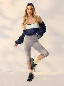 Aralina Leisurewear Active Contrast Colour Panel With Removable Cups Yoga Pilates Gym Workout Tank - Navy Blue - View 7