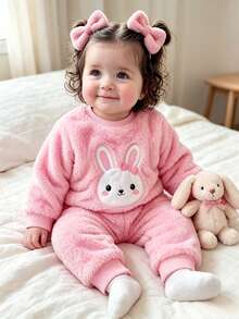 Baby Girl Winter Sweet Elegant Plush Rabbit Embroidered Pattern Craft Outfit, Suitable For Outings, Casual Wear, Sports And Parties - Pink - View 1