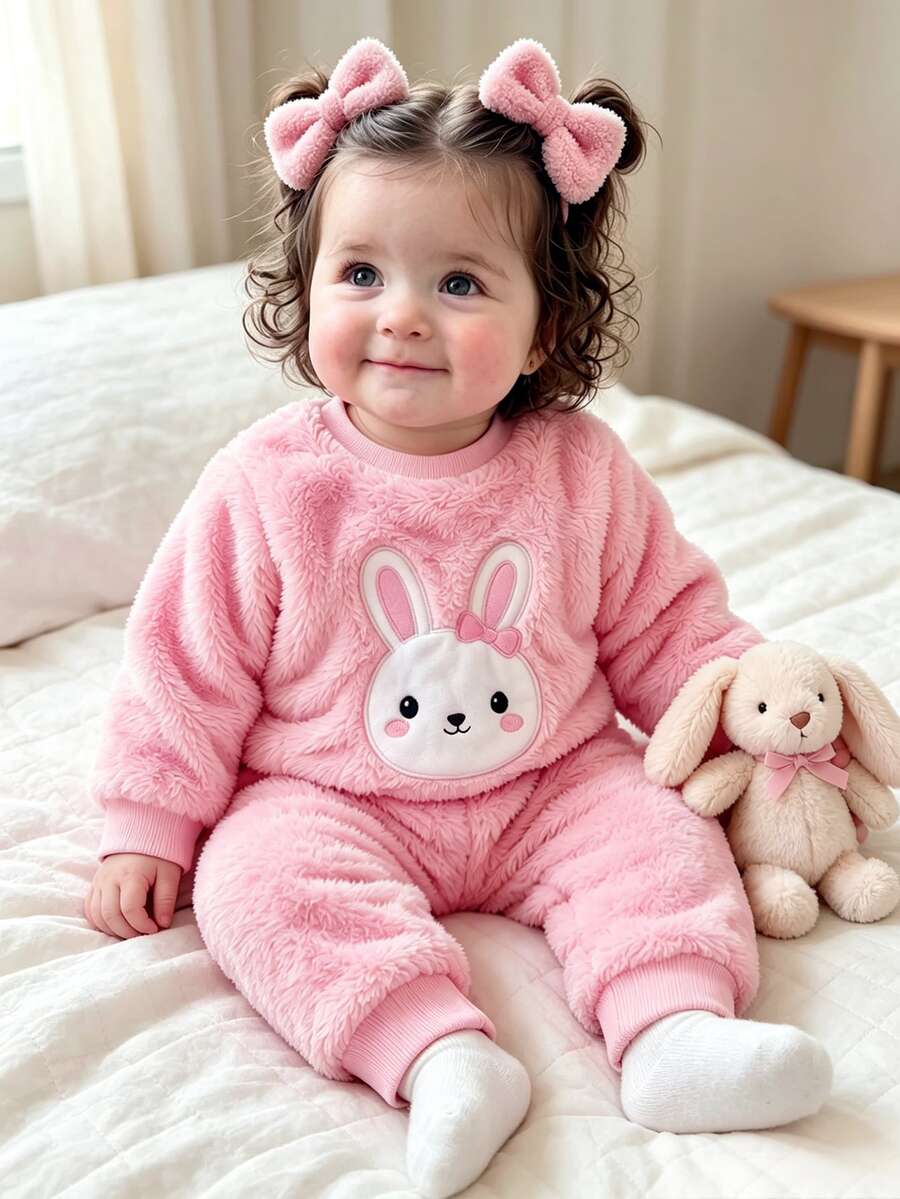 Baby Girl Winter Sweet Elegant Plush Rabbit Embroidered Pattern Craft Outfit, Suitable For Outings, Casual Wear, Sports And Parties - Pink - View 1
