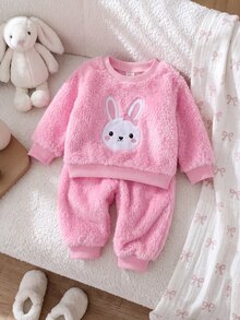 Baby Girl Winter Sweet Elegant Plush Rabbit Embroidered Pattern Craft Outfit, Suitable For Outings, Casual Wear, Sports And Parties - Pink - View 4