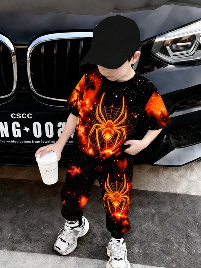 2pcs/Set Spider And Spider Web Print Black And Red Digital Print Outfit Fashion Versatile Comfortable Black Crew Neck T-Shirt And Black Long Pants Boys Short Sleeve Long Pants Set Short Sleeve Top Suitable For All Seasons Digital Daily Streetwear Outfit