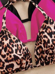 SHEIN Swim Curve 3 件大码女士泳装上衣，多色豹纹，细肩带，简约日常比基尼上衣 - 彩色 - 查看 3