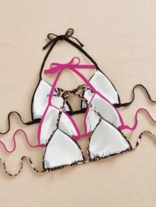 SHEIN Swim Curve 3 件大码女士泳装上衣，多色豹纹，细肩带，简约日常比基尼上衣 - 彩色 - 查看 2