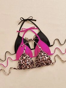SHEIN Swim Curve 3 件大码女士泳装上衣，多色豹纹，细肩带，简约日常比基尼上衣 - 彩色 - 查看 4