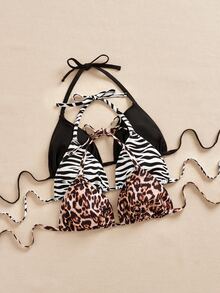 SHEIN Swim Curve 3件套加大码女士泳衣上装，黑白豹纹印花，可调节细肩带，简约日常比基尼露脐上衣 - 彩色 - 查看 4