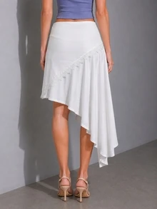 Zerodot Women White Lace Embroidered Asymmetric Elegant Skirt Party Going Out Fall Pre Fall - White - View 2