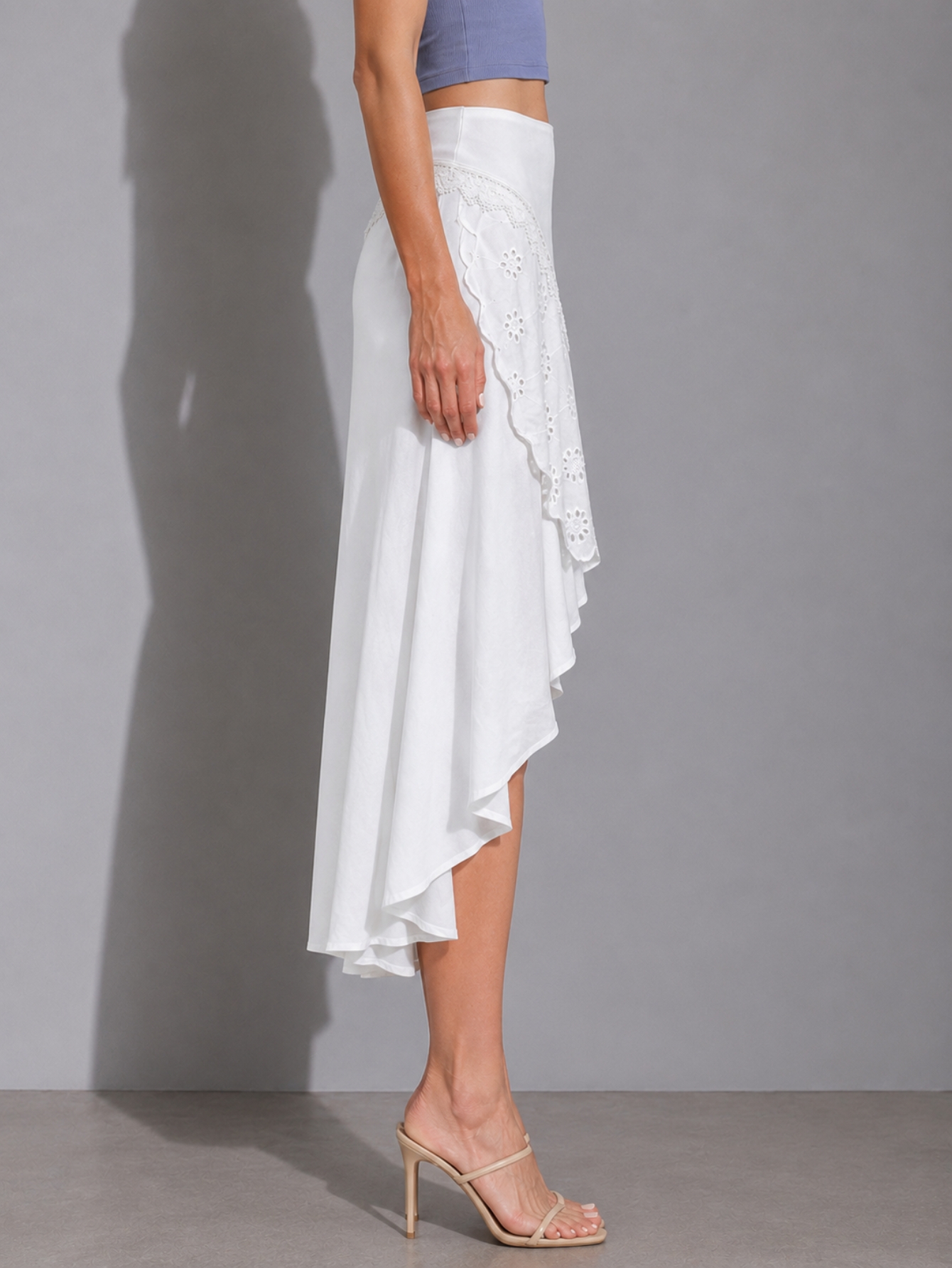 White Lace Embroidered Asymmetric Skirt, view 5